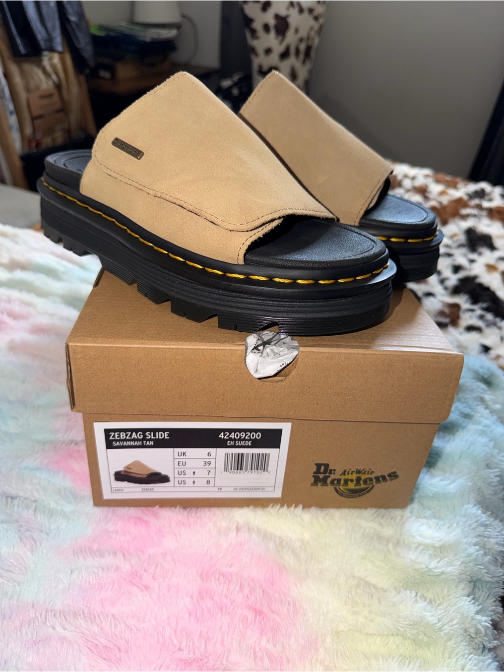Dr. Martens Zebzag Slide Sandal - Savannah Tan Suede with Yellow Stitching